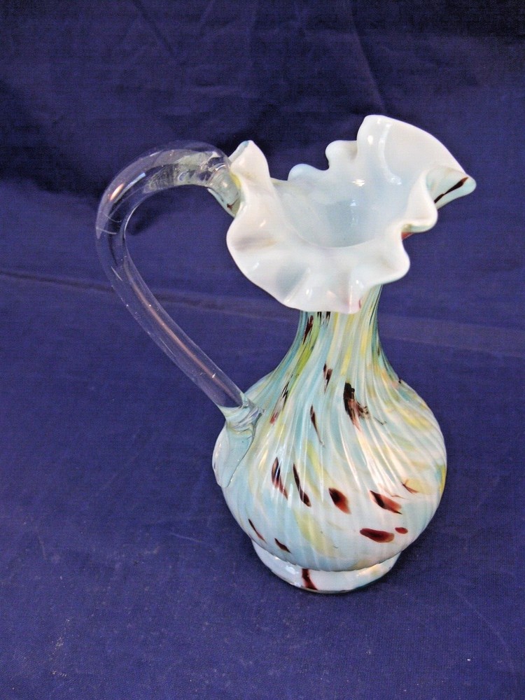 SMALL ANTIQUE HANDBLOWN CASED GLASS PITCHER W APPLIED CLEAR HANDLE