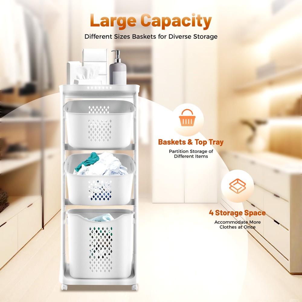 3 Layers Rolling Laundry Basket Clothes Hamper Storage Organizer Sorter Shelf