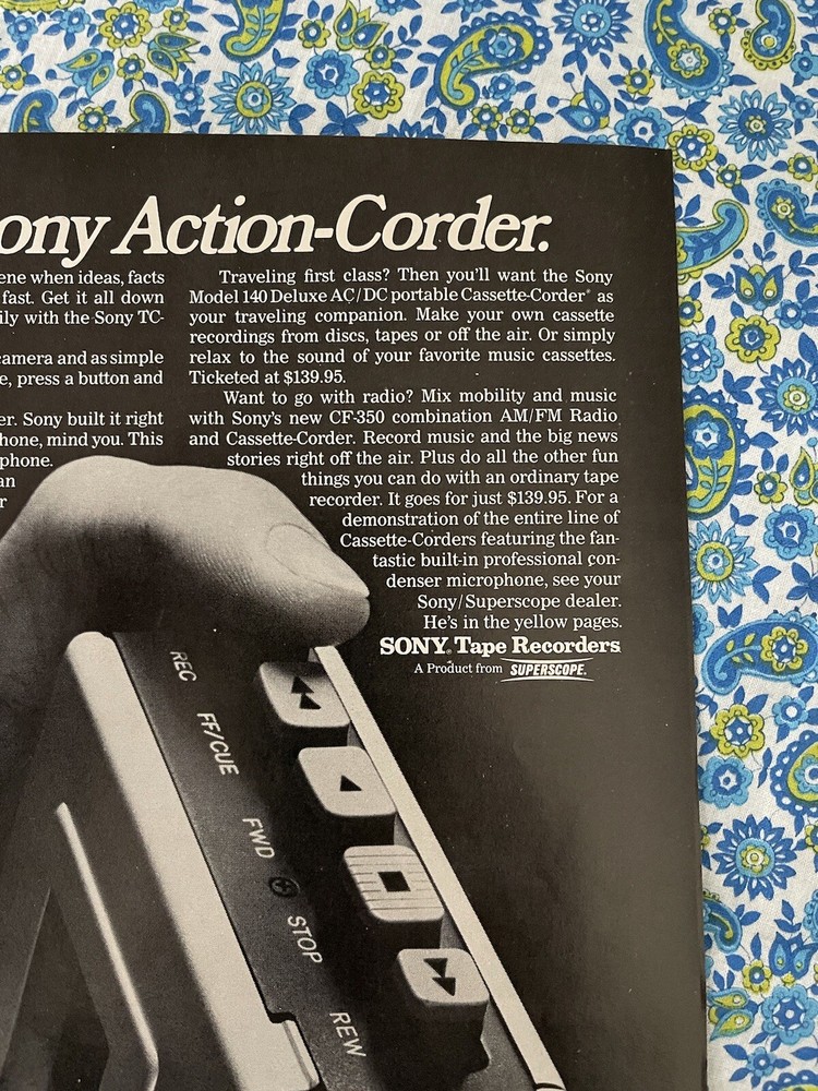Sony 140 Cassette Recorder 1973 Print Ad Sony Action-Corder