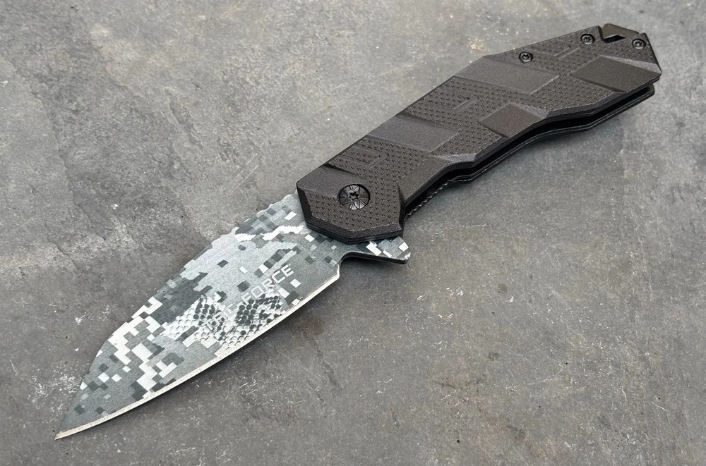 Digital Camo Pocket Knife Spring Assist Black Metal Handle Sharp Tac Force