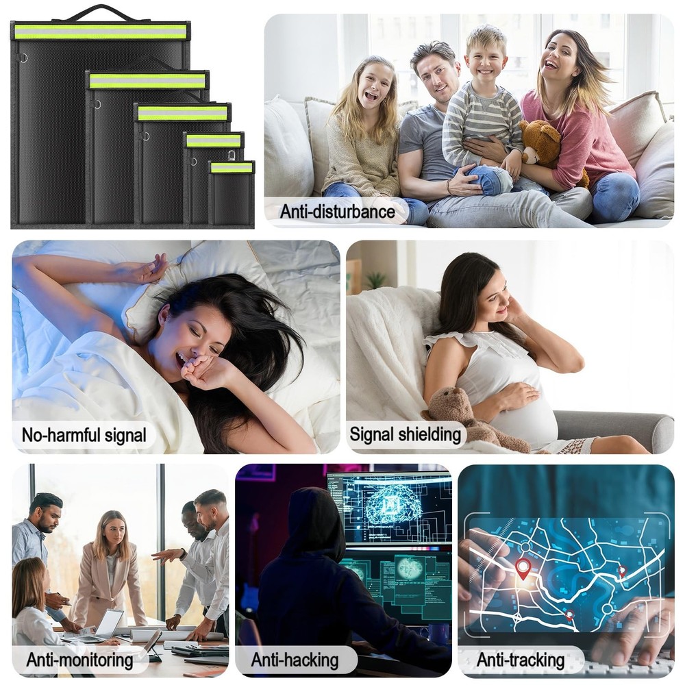 5 Pack Faraday Bags with Handle & Reflective Strip, 5 Pack, black