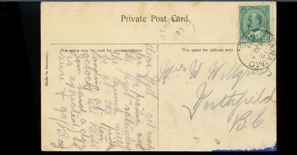 NORTHFIELD, B.C. 1911 Vancouver Post Office SPLIT ring on used post card Canada