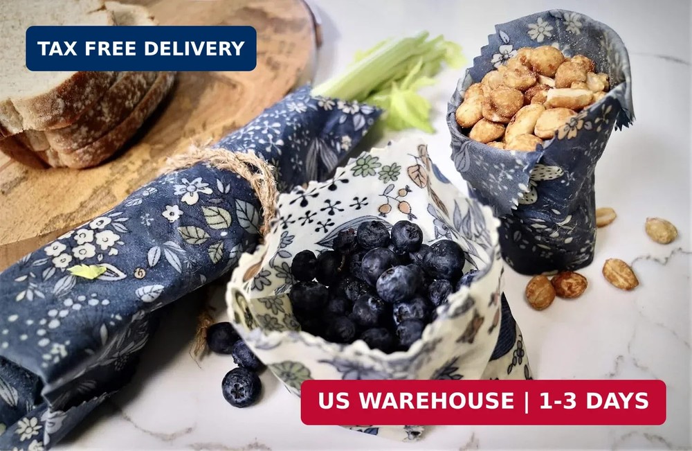 4-Pack Reusable Beeswax Wraps with Produce Bag & 2 Beeswax Bars