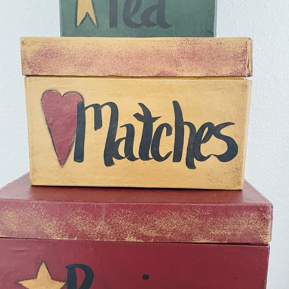 Primitive Farmhouse Rustic AGED STACKING BOXES Recipes Matches Tea 3 decorative