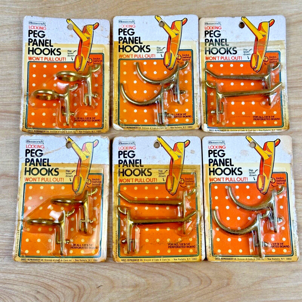 12 Vintage Brass/Gold Locking Peg Hooks Panel Board Curve Str8 Ring Coats Clark