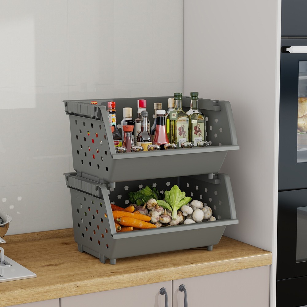 Mayish 4 Packs Plastic Large Stacking Organizer Basket, Gray