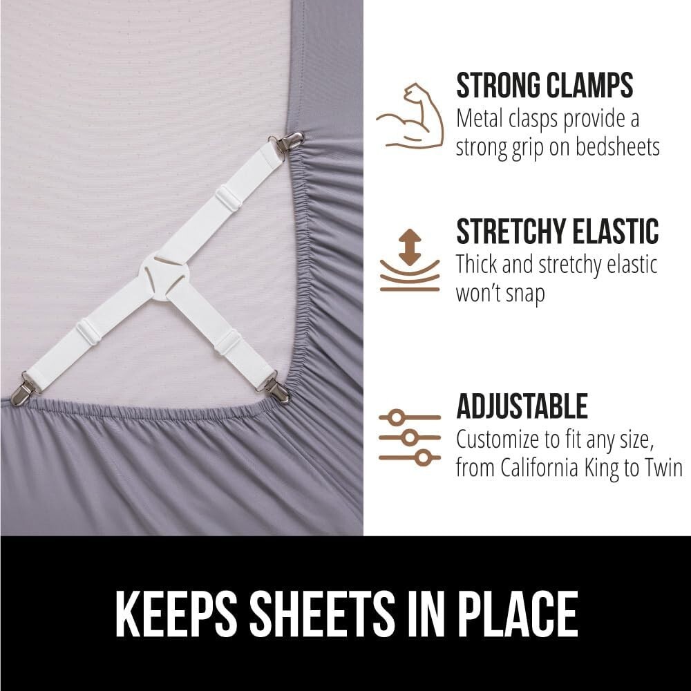 Easy Install Bed Sheet Straps - Secure and Wrinkle-Free Fitted Sheets, 4 Pack