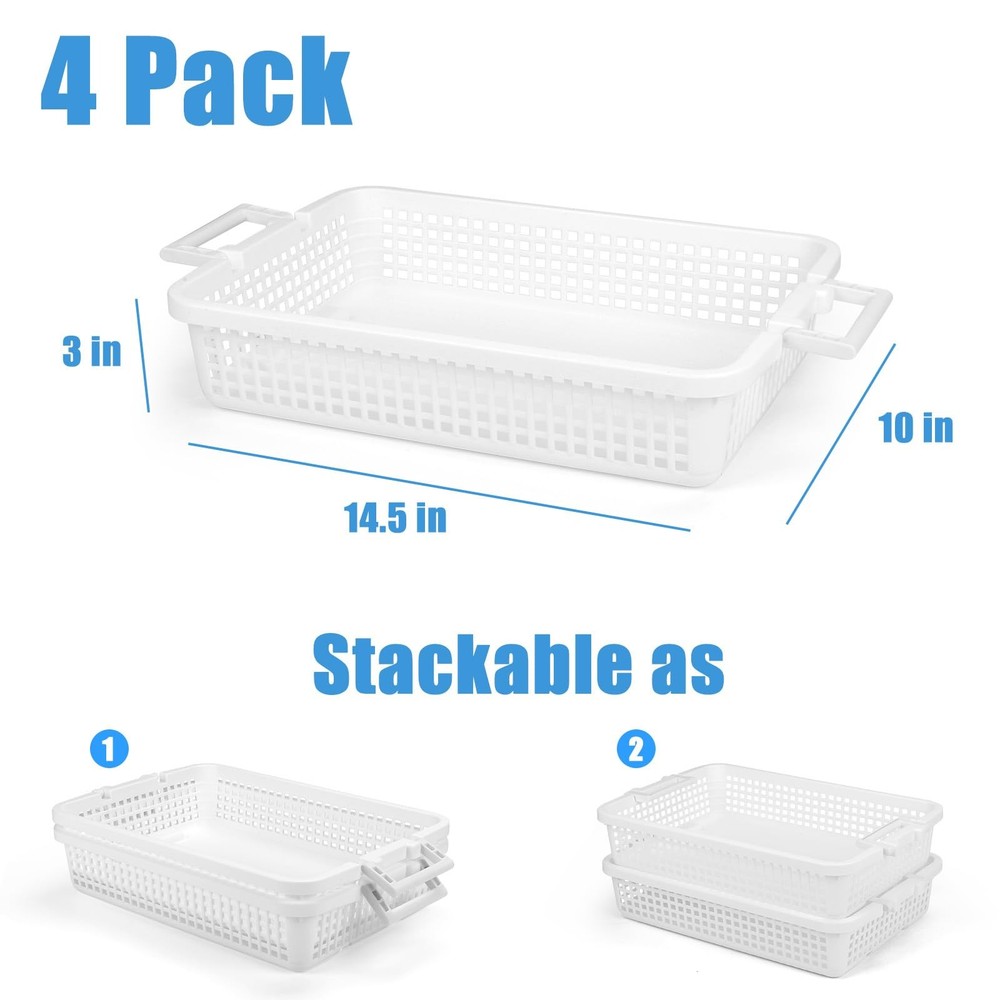 4 Pack Plastic Basket for Organizing, Stackable A4 Paper Trays with Handle, T...