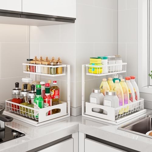 Under Sink Organizer Height Adjustable Cabinet Organizer with 2 Pack White