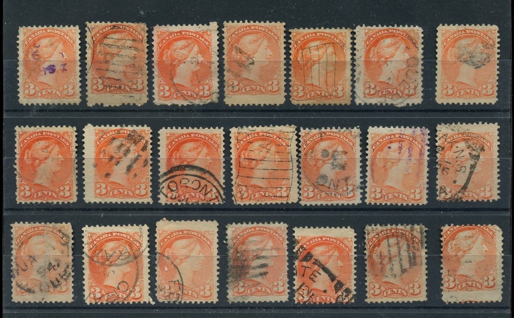 21 -- SMALL QUEEN 3 cent Various cancels, corks, used lot CAnada