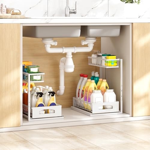Under Sink Organizer Height Adjustable Cabinet Organizer with 2 Pack White