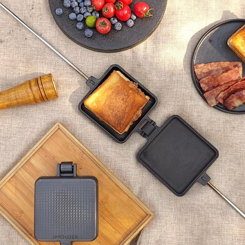 Large Cast Iron Campfire Pie Iron Sandwich Maker - 2 Pcs with Storage Bag
