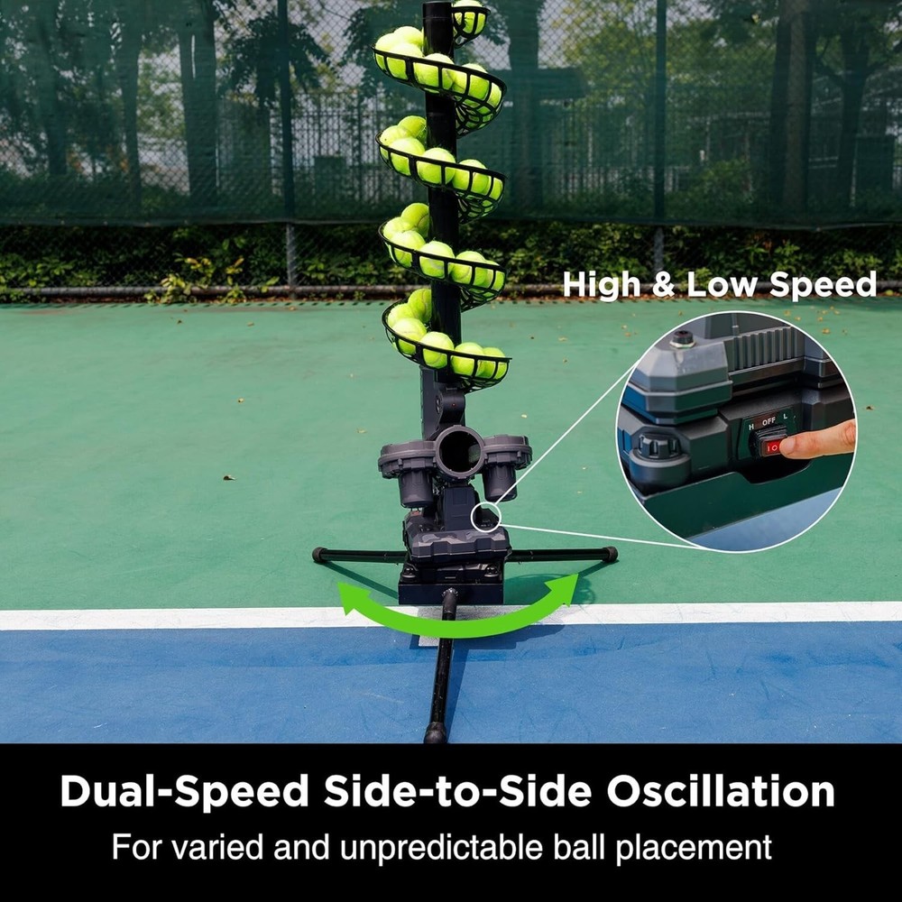 Tennis Ball Machine with Triangular Base, Adjustable Speeds, Oscillating Left...