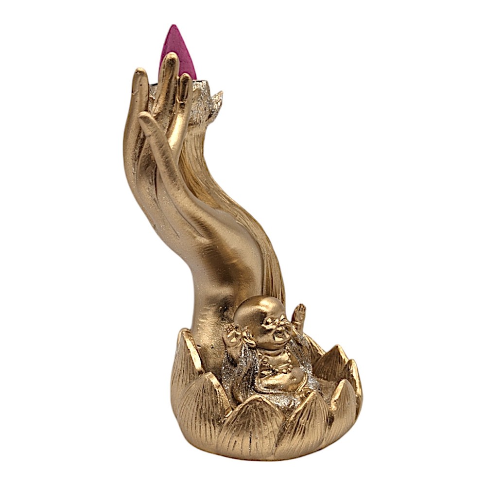 Gold Maitreya Laughing Buddha Backflow Incense Burner 6” Waterfall Decor