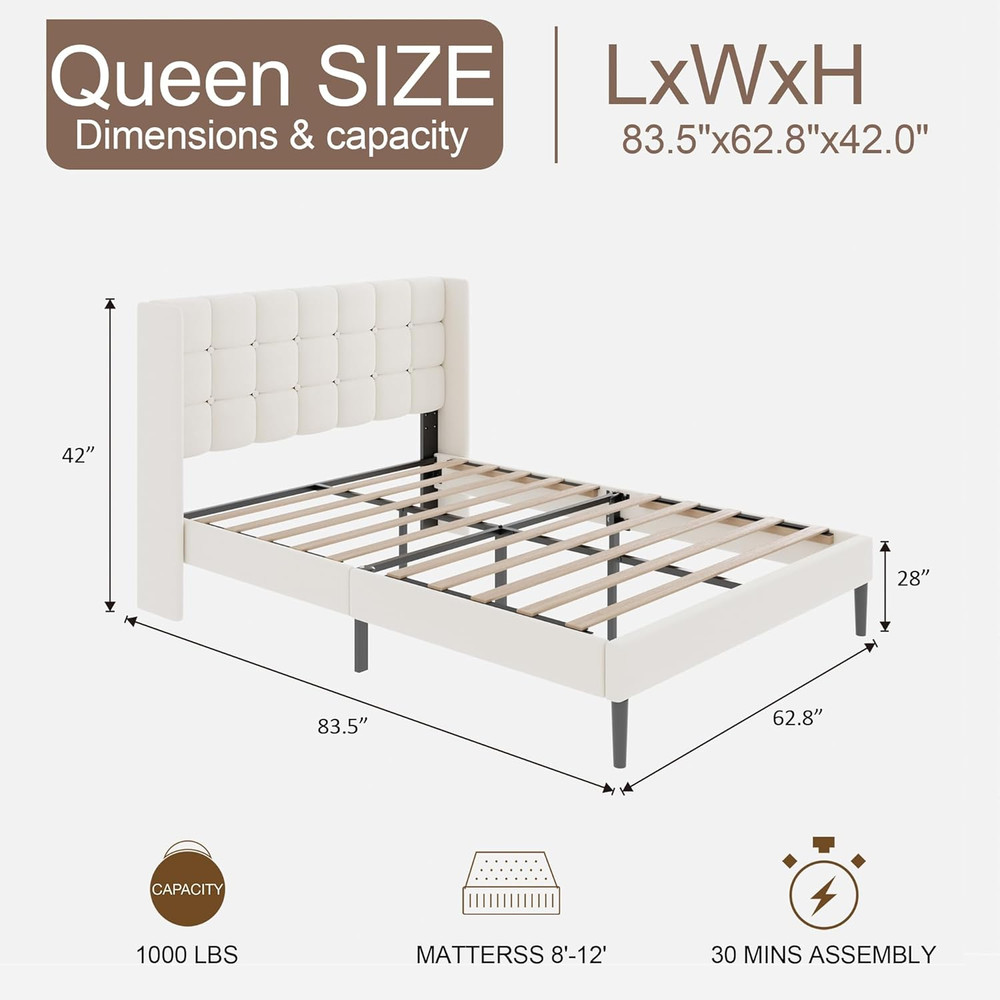 Elegant Velvet Queen Bed Frame with Wingback Headboard - Easy Assembly, Beige