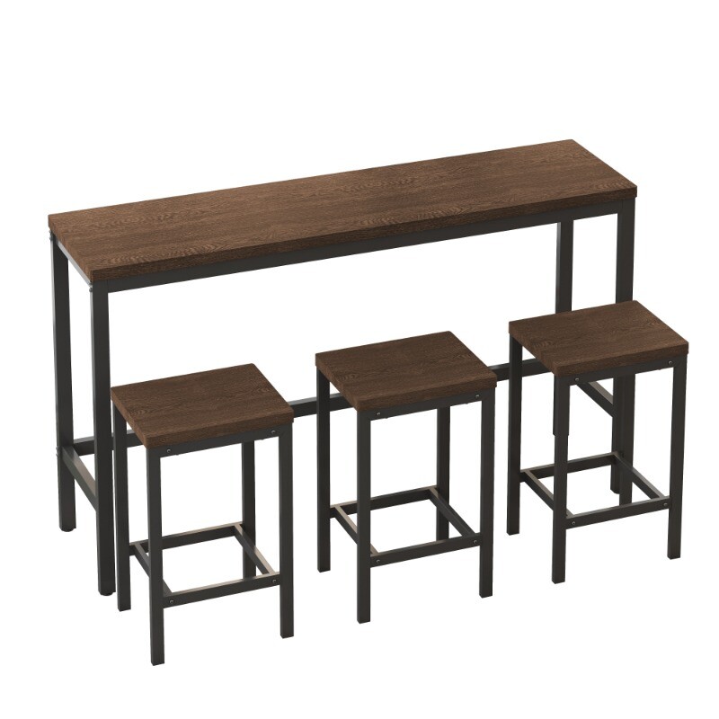 Brown Modern Kitchen Dining Table Pub Table Long Dining Table Set with 3 Stools