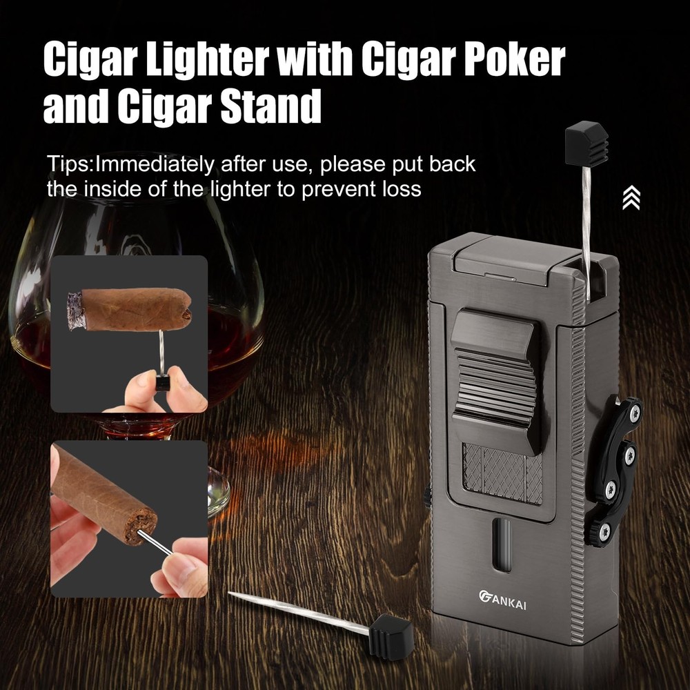 Cigar Lighter, Multi-Tool Torch Lighter with Sliding Cigar V Cutter, Cigar Ho...