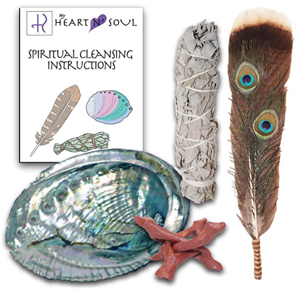 COMPLETE SMUDGE KIT ABALONE SHELL STAND SAGE FEATHER ENERGY CLEANSING CLEARING