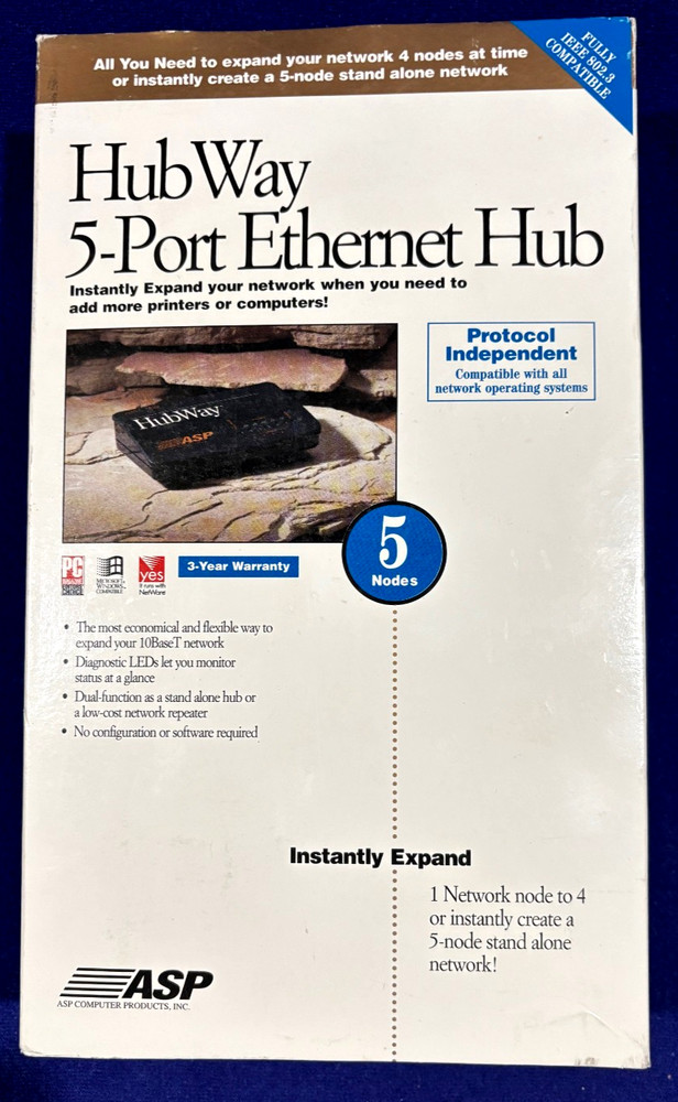ASP HubWay Ethernet Hub with Power Adapter, 5-Port Network Switch with Crossover