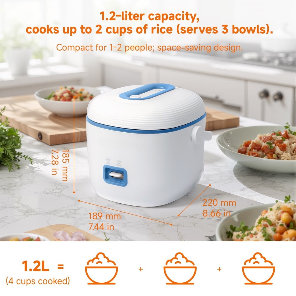 Non-Stick Mini Rice Cooker, 1 Cup-2 Cup, Blue