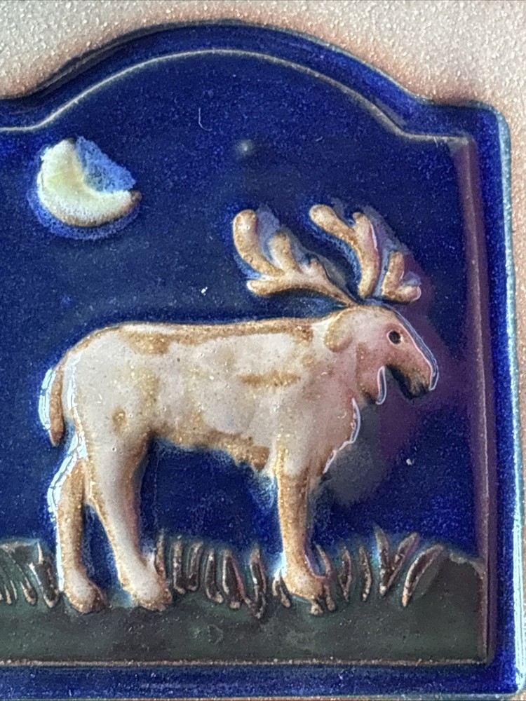 ~Moose Crescent Moon ~ Tile Handmade Stoneware 4”x3.75 “