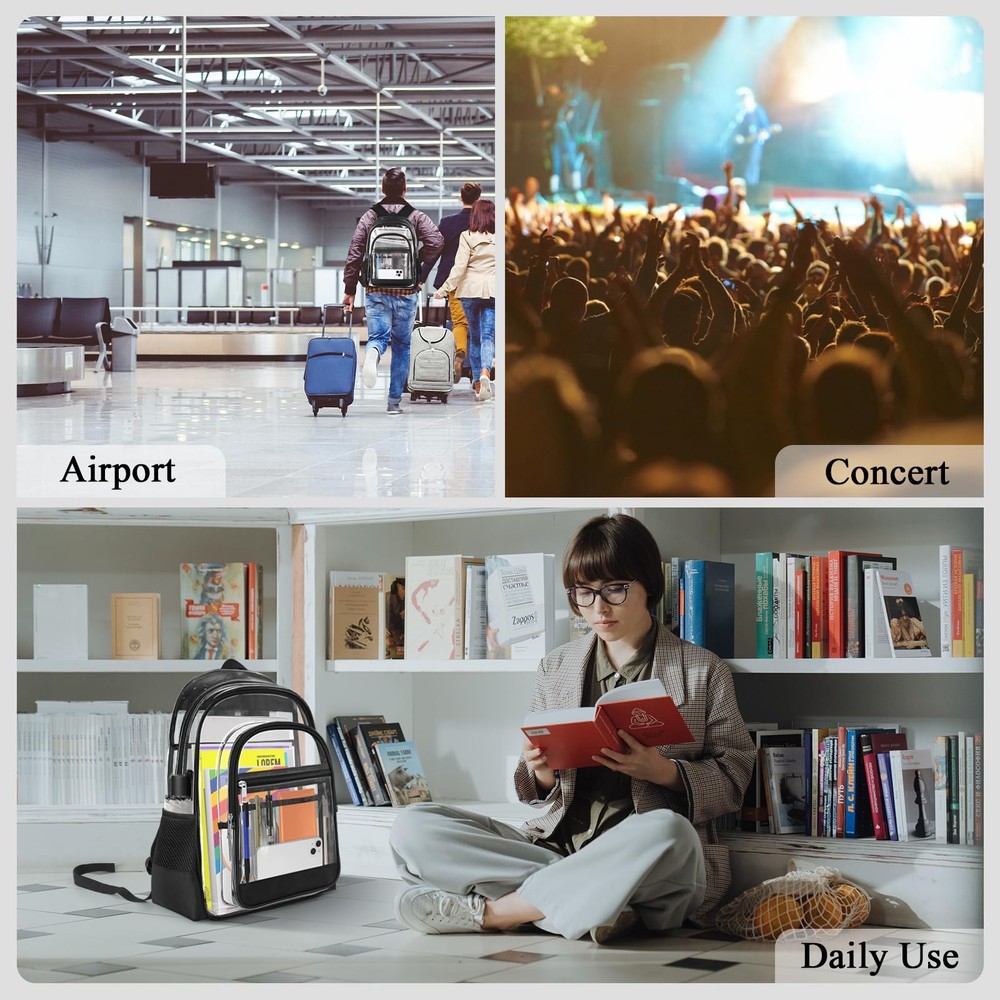 KIMNERPU Clear Backpack, Heavy Duty PVC Transparent Backpack Medium, Black