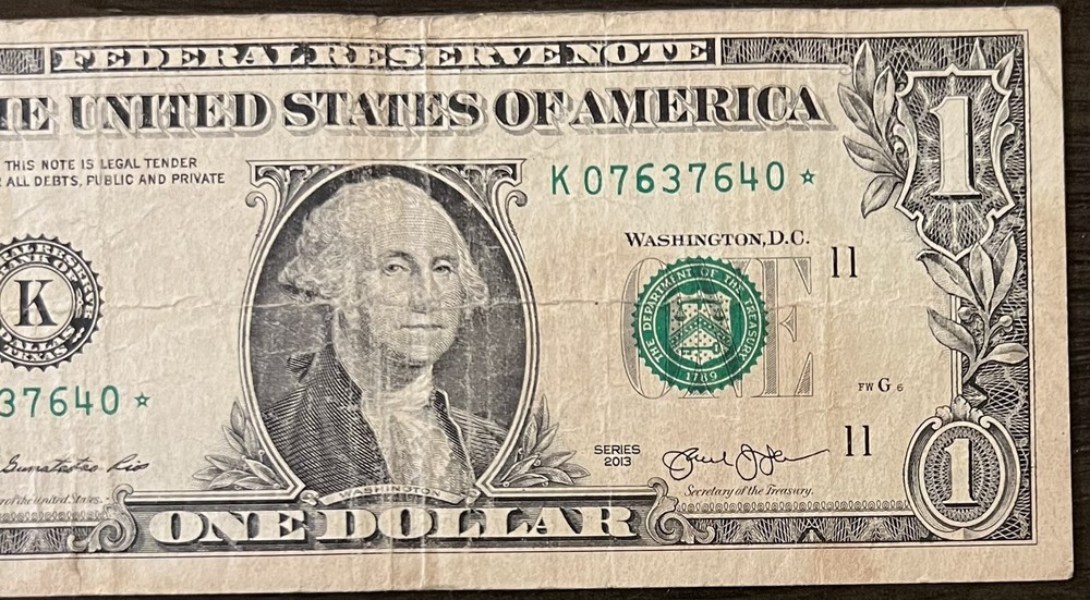2013 $1 Star Note K07637640* Ink Error!