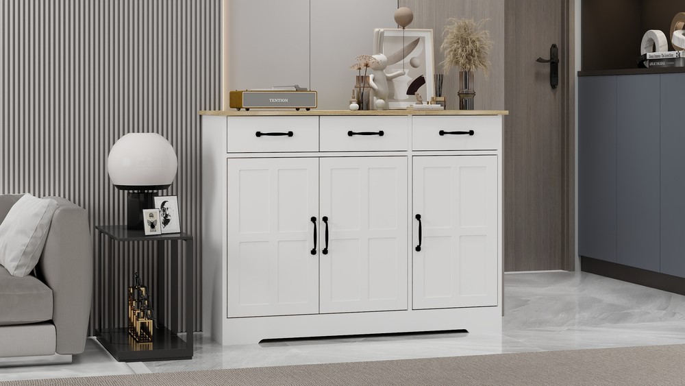 White Buffet Cabinet with 3 Drawers and 3 Doors - Dining Room Kitchen Storage