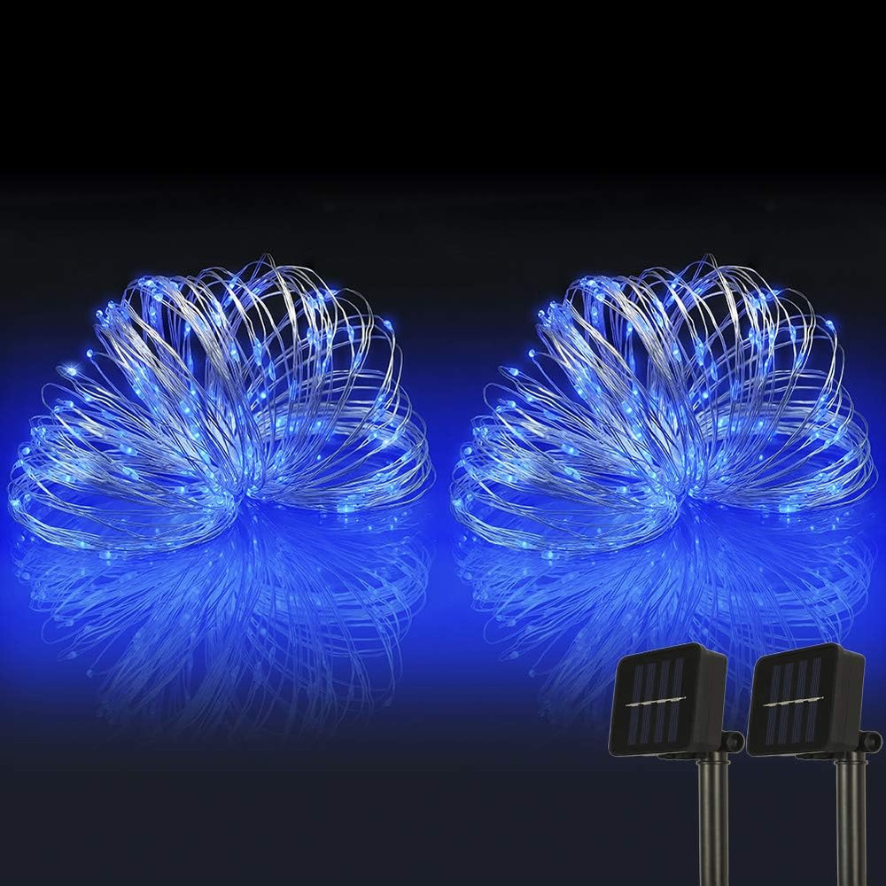 Woohaha Solar String Lights, 2PACK 33Ft 100 LED Blue Copper Wire Lights, Waterpr
