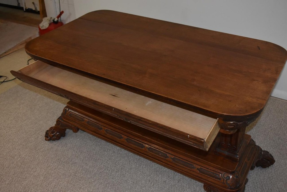 Antique Walnut Library Table Claw Feet Circa 1910 Fluted Columns
