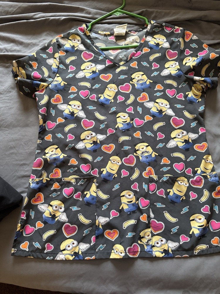 Cherokee Minions Patterned Women's Scrub Top & Black Pants Set