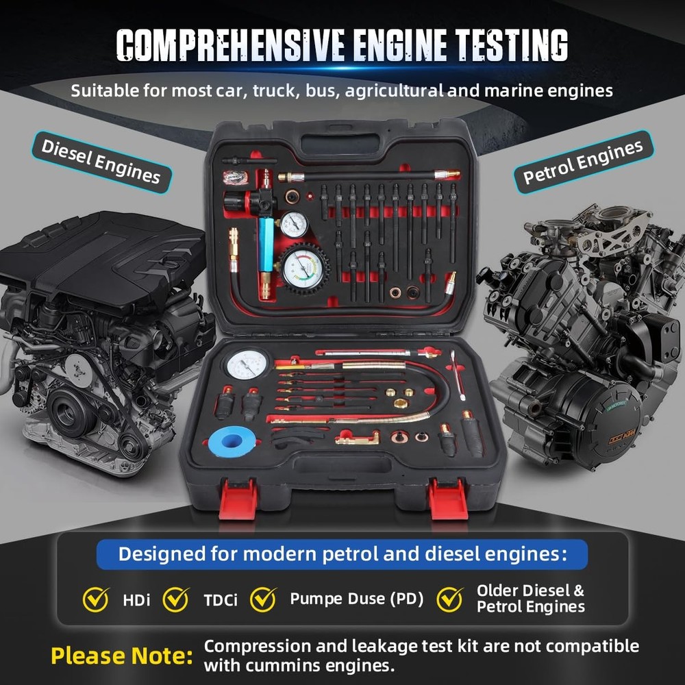 46PCS Compression and Leakage Test Kit Petrol & Diesel Compression Tester Kit...