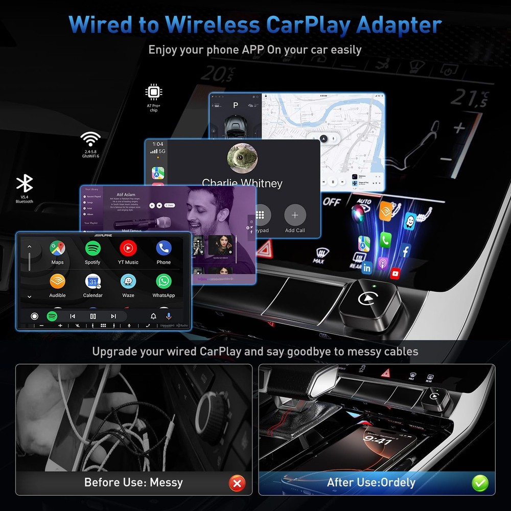 Wireless CarPlay Adapter 2026 Upgrade Mini Design, USB/USB-C Plug & Black