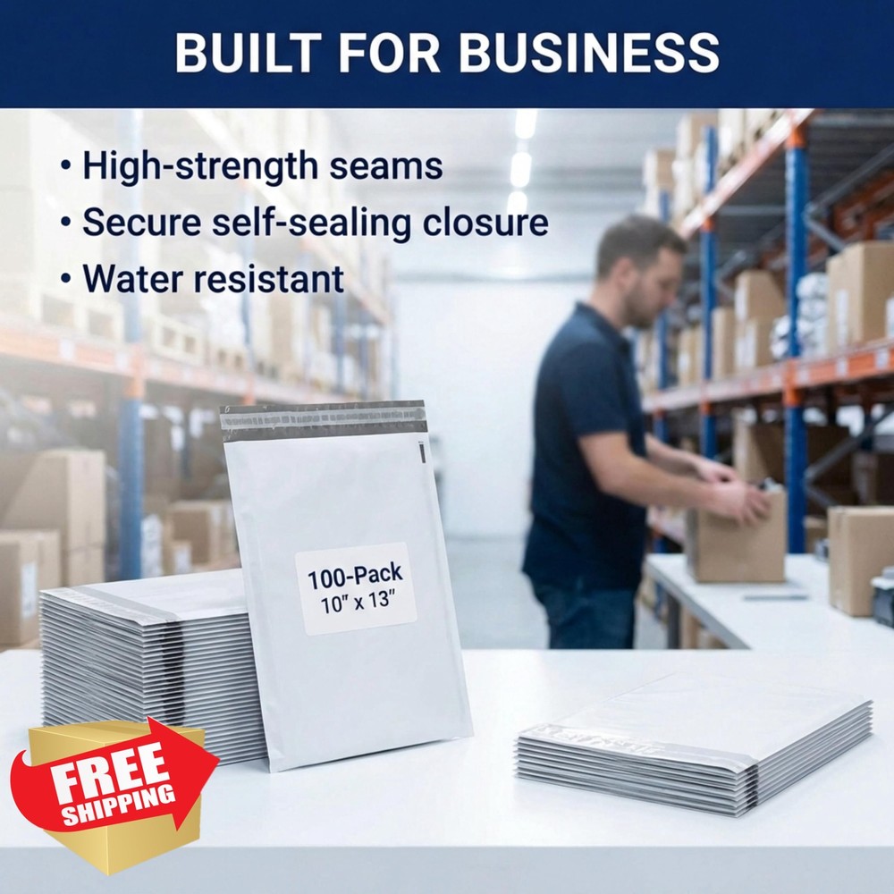 BOX USA Poly Mailers 10"x13", 100-Pack White Self-Adhesive