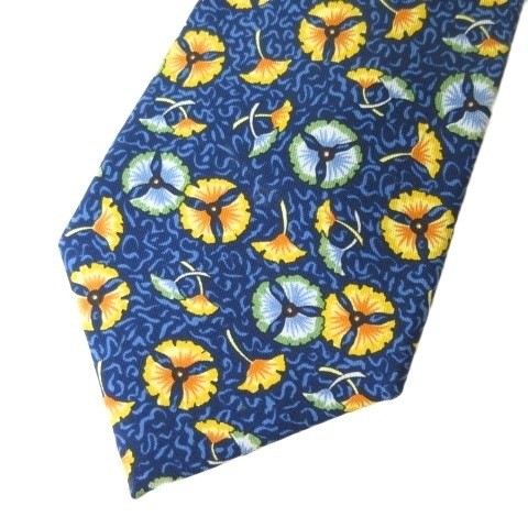 HERMES 100% Silk Floral Tie Navy men's