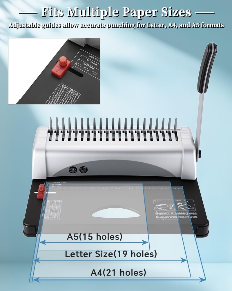 Multi-Size Comb Binding Machine - Binds 450 Sheets with 100 Colored PVC Spines
