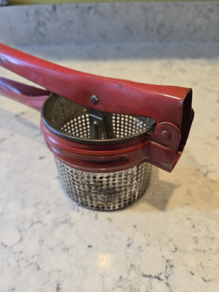 Vintage Red Handy Things Potato Ricer , Fruit Press, Masher, Handle