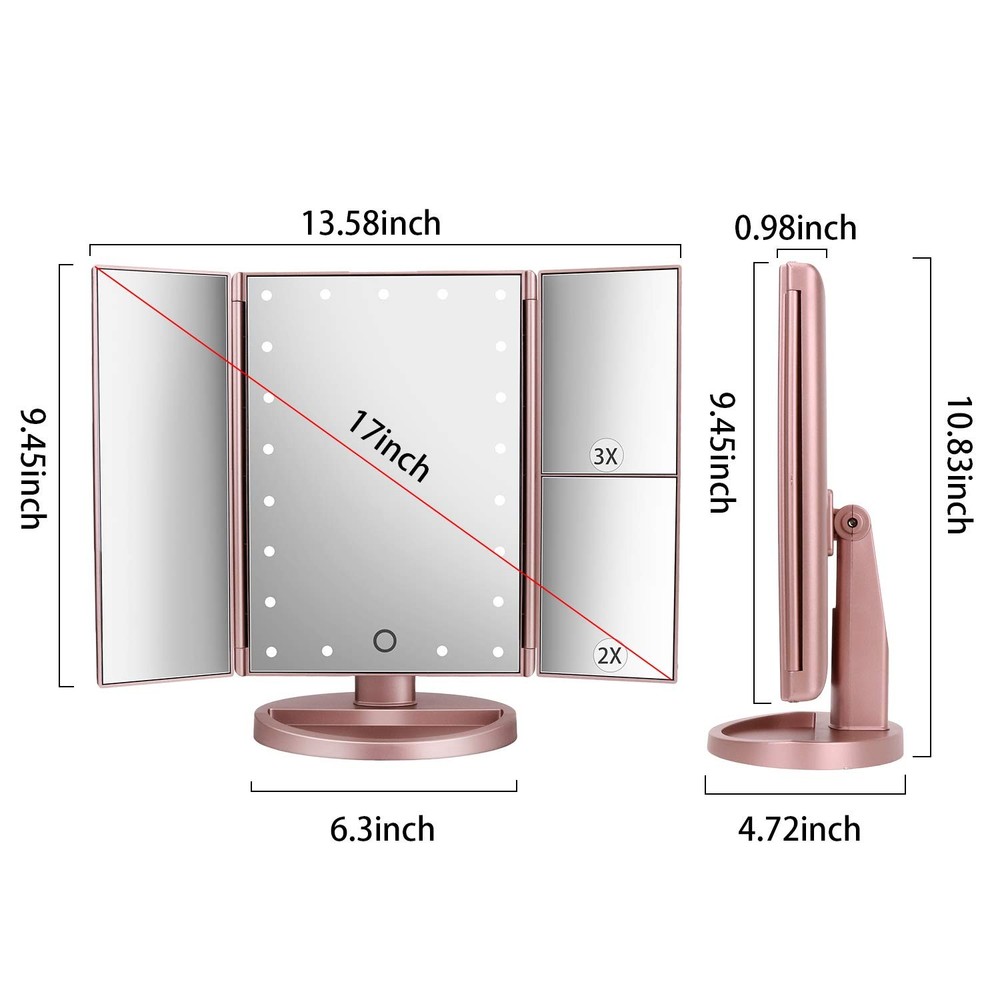 Tri-Fold Lighted Vanity Mirror, 21 LEDs, Touch Screen, 3X/2X/1X Magnification