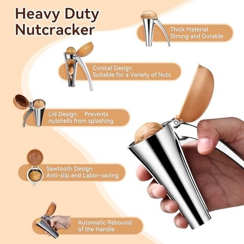 Heavy Duty Nut Cracker Tool with Splash-Proof Lid, Ergonomic Self-Retracting Han