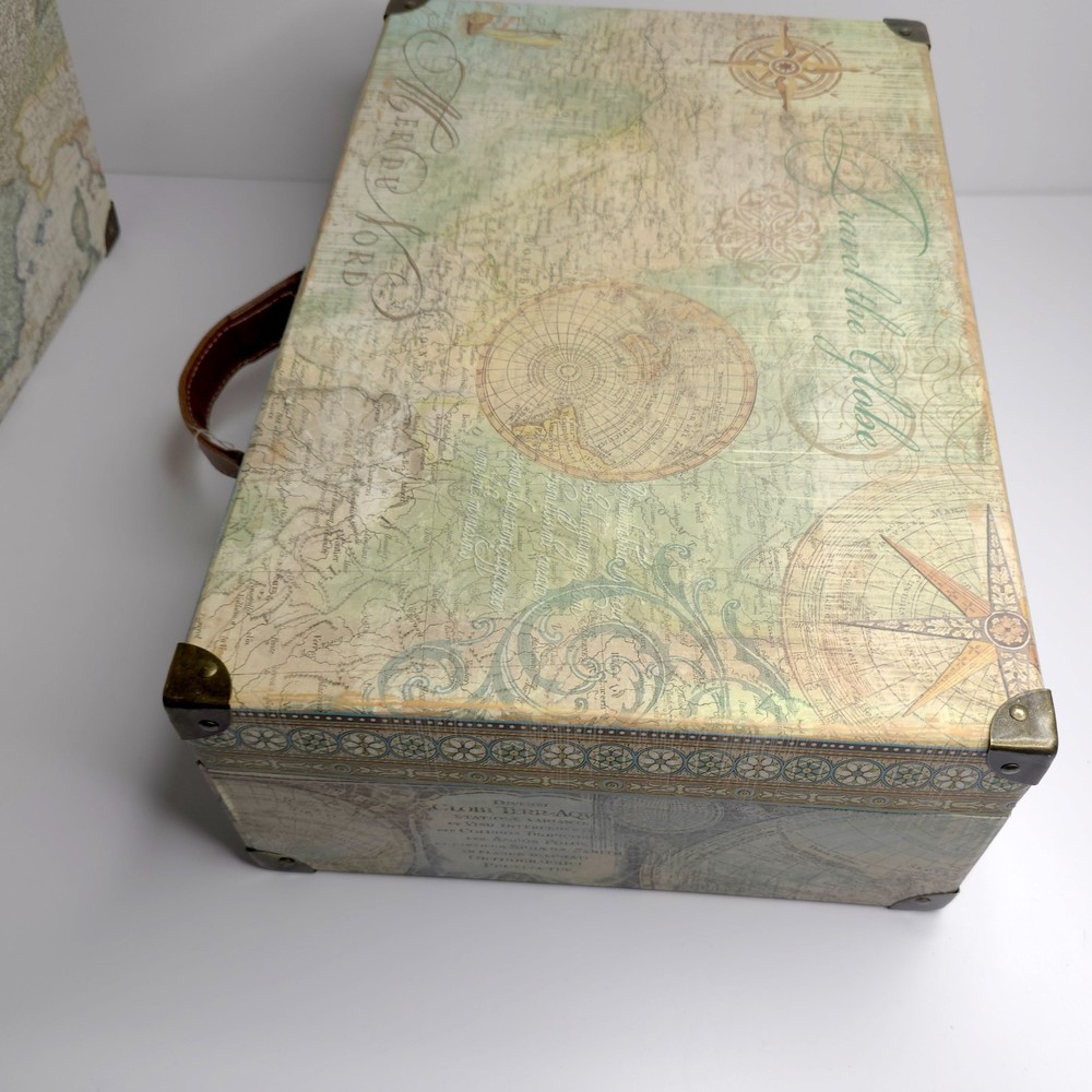 Set of 2 Vintage Map Pattern Large Decorative Storage Box W/ Handle & Latch READ