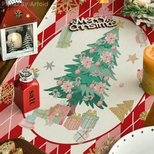 Diamond Plaid Nutcracker Snowflake Christmas Table 13" x 72", Table Runner Red