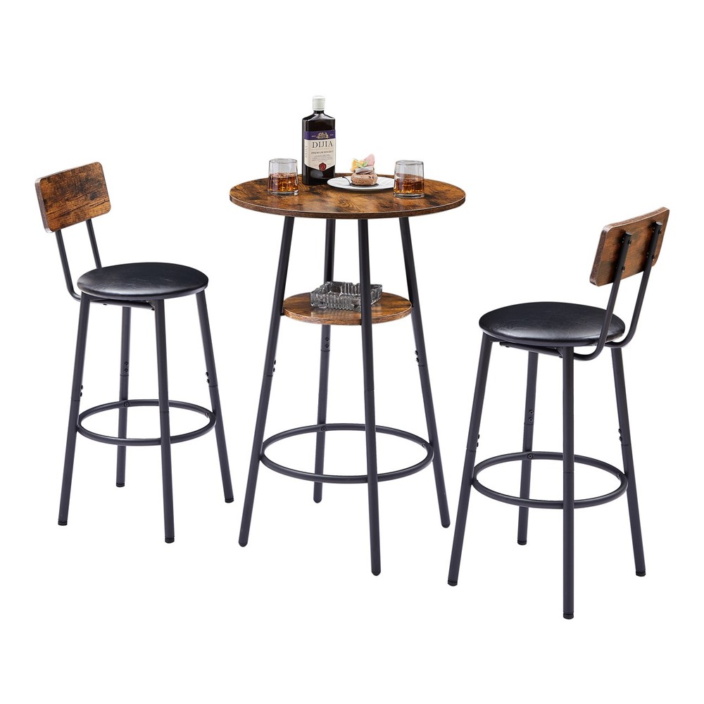 Round Bar Stool Set with Shelf Upholstered Stool with Backrest Rustic Brown