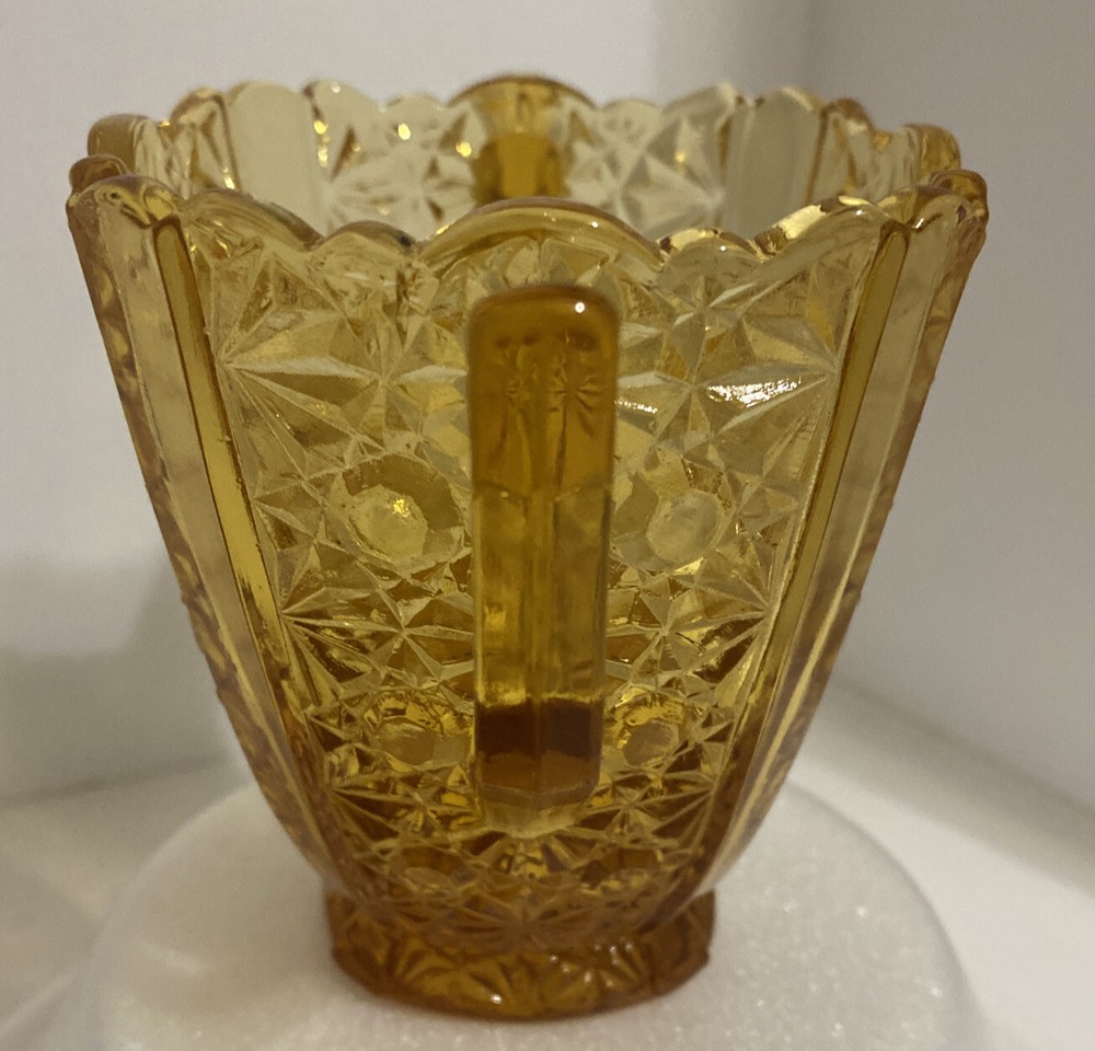 Amber Glass Sugar Bowl Daisy &Button Pattern Scalloped Edge, Handles