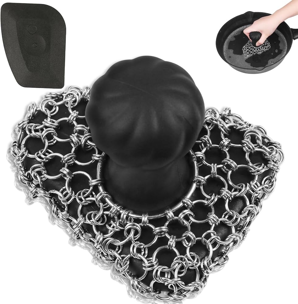 Cast Iron Scrubber with Handle 316 Dish Cast Cleaner Chainmail Scrubber