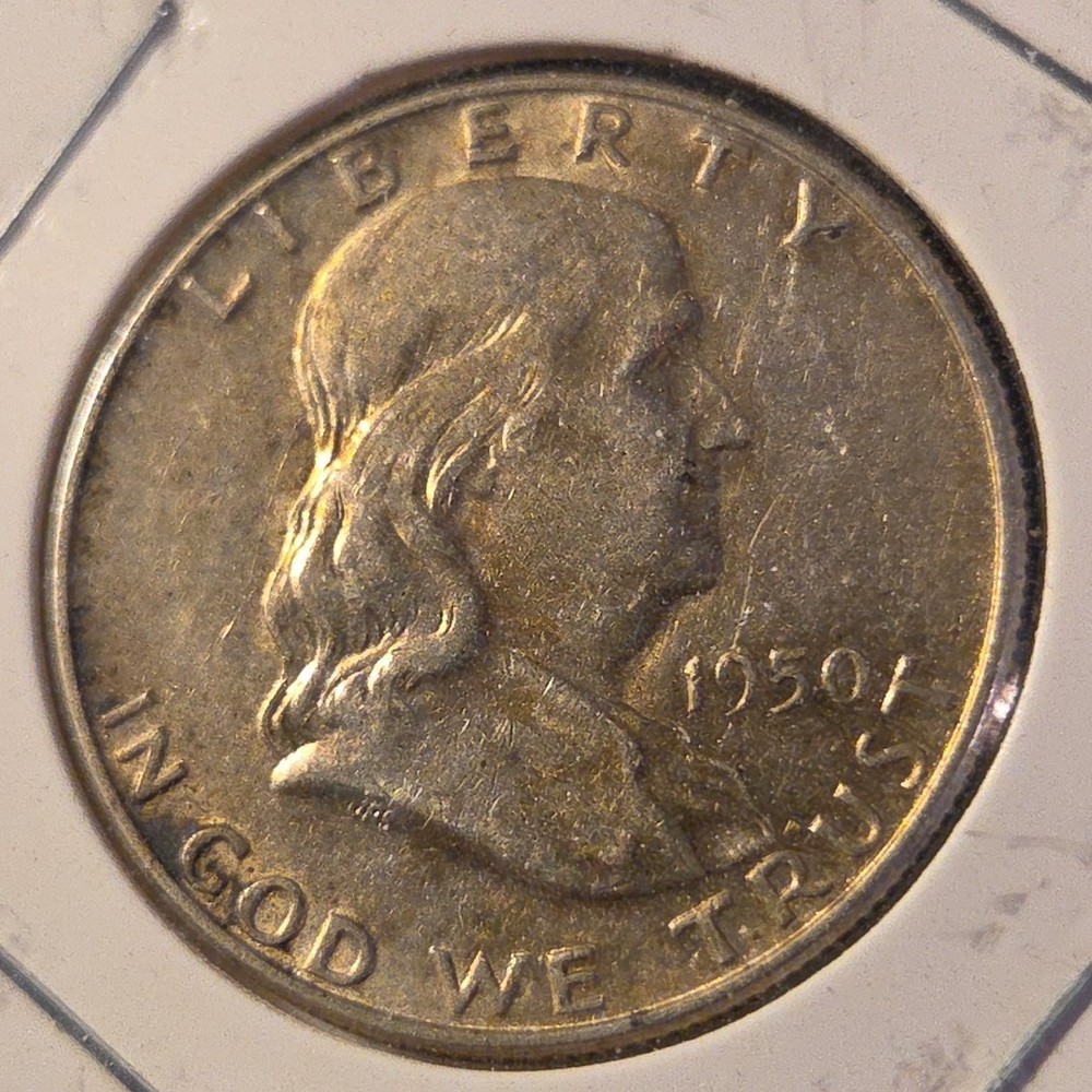 1950-D Franklin Silver Half Dollar In About Uncirculated Condition