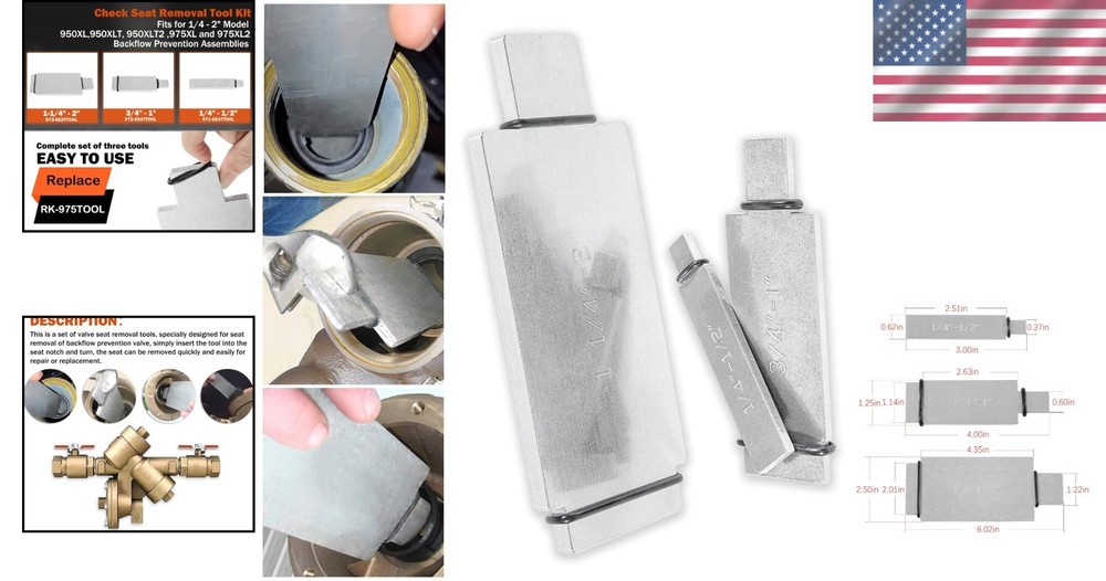 Complete 3-Piece Check Seat Removal Tool Kit for 1/4" - 2" Backflow Preventers