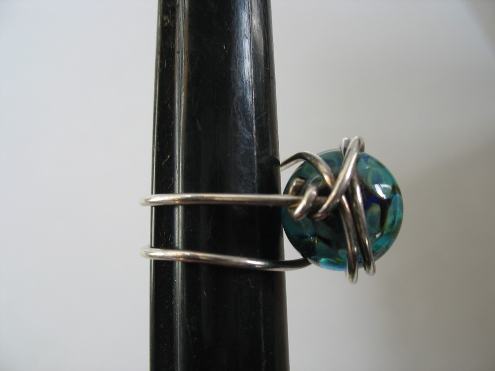 Handmade Silver wire wrap ring Green blue aqua round bead 6 1/2