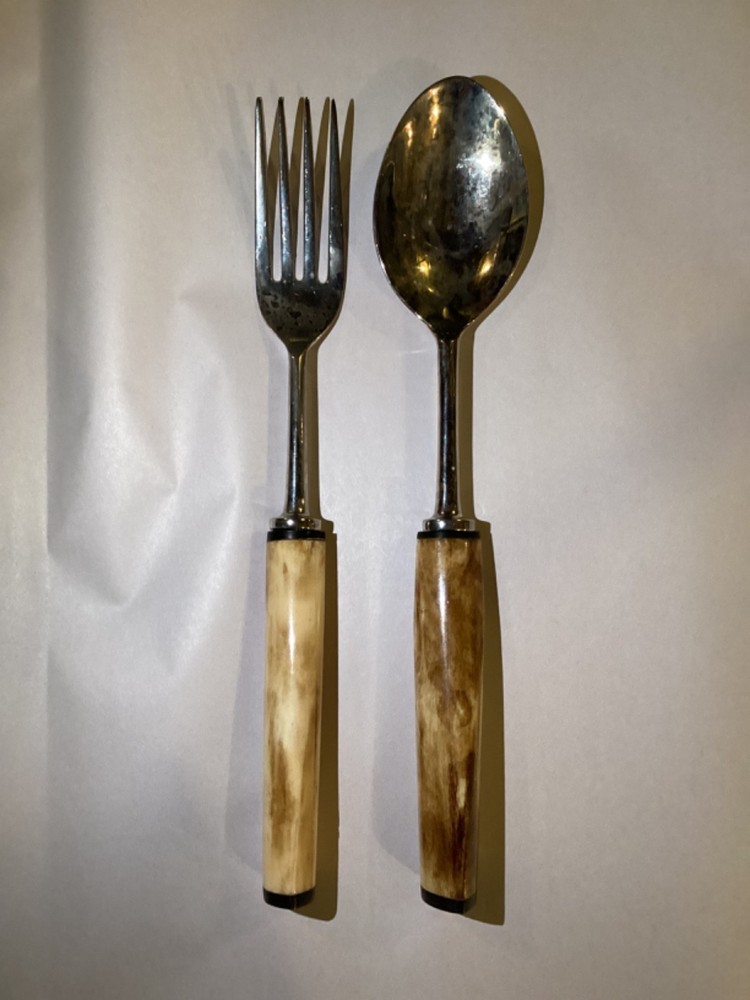 11” Matching Set Fork & Spoon Wood Handles Silver Plated
