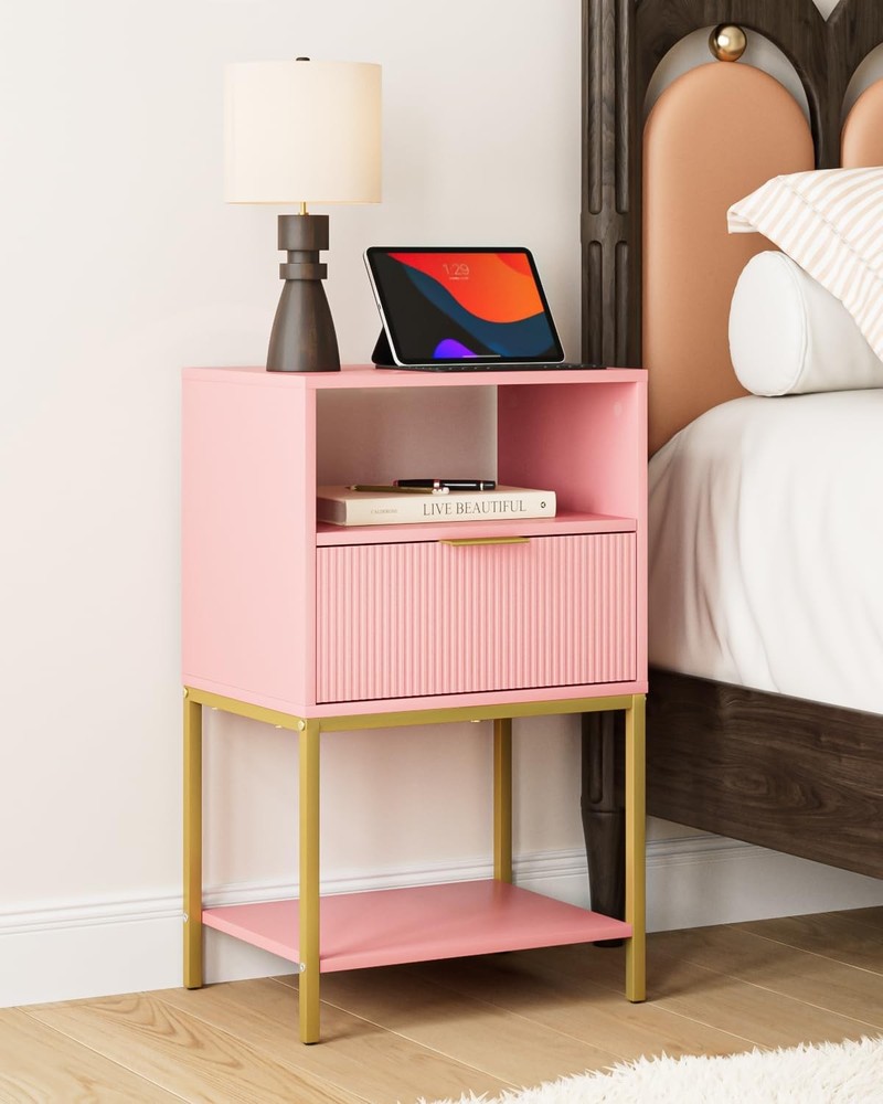 Nightstand Modern Bedside Table W/ Gold Frame 25.51''H End Table,White Night