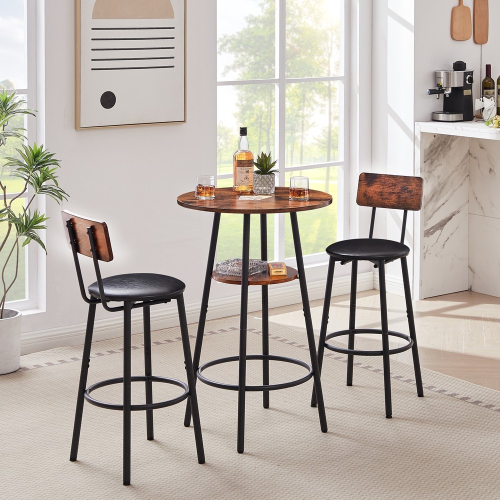 Round Bar Stool Set with Shelf Upholstered Stool with Backrest Rustic Brown